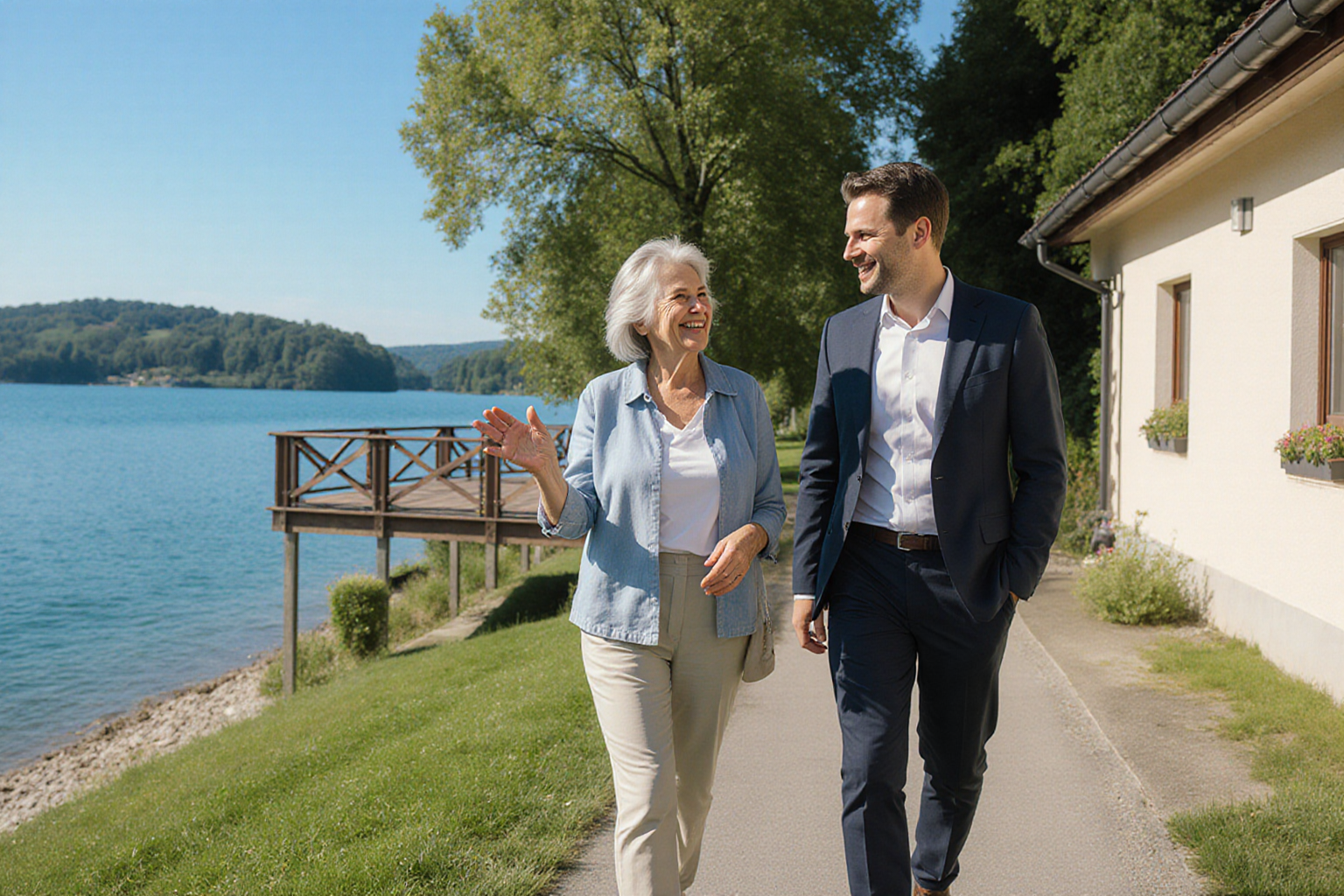 Herzliches gemeinsames Gehen am See, offene Wasseransicht und normale Hausfassade