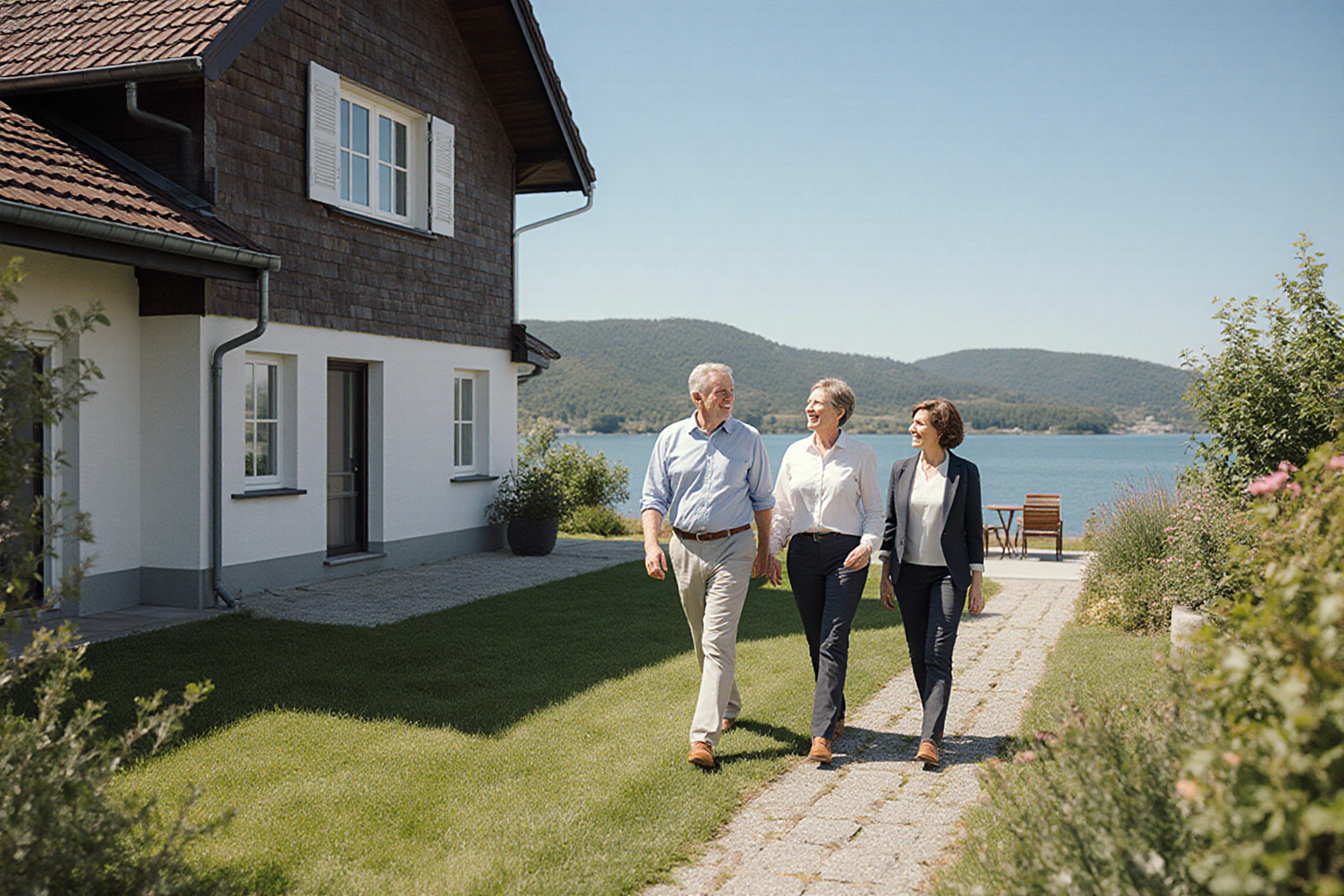Eigentümerpaar und Beraterin beim Rundgang am Seehaus